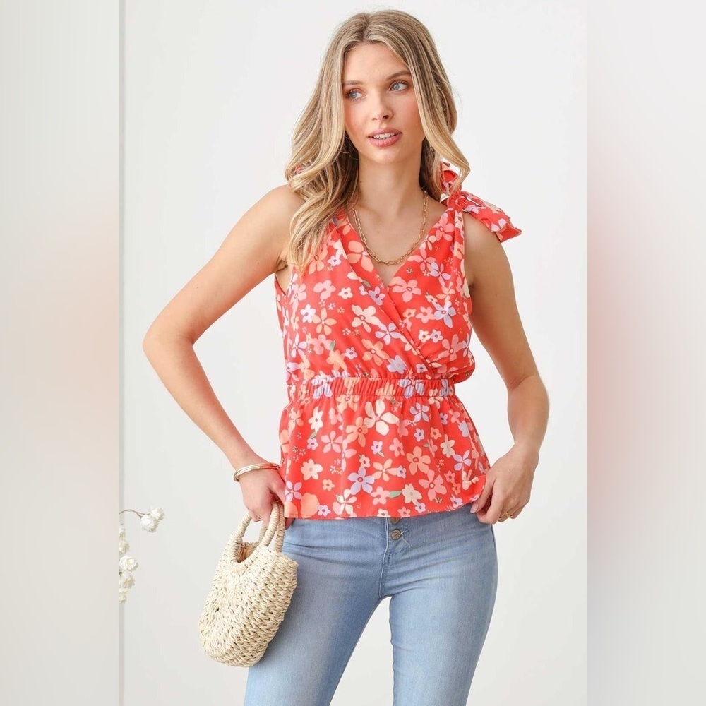 GILLI Floral Shoulder Ribbon Ties Smocked Waist Ruffle Top S - Picture 4 of 6